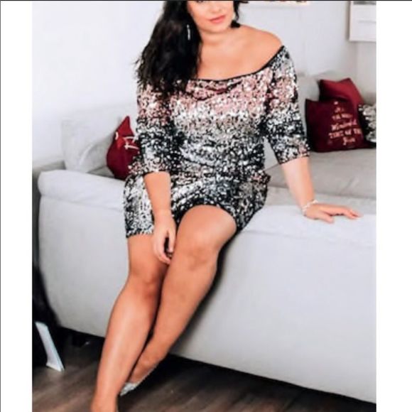 Ombré Sequin Off Shoulder Mini Dress - Picture 2 of 6
